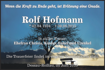 Traueranzeige von Rolf Hofmann von WVG - Wochenspiegel Dessau / Köthen