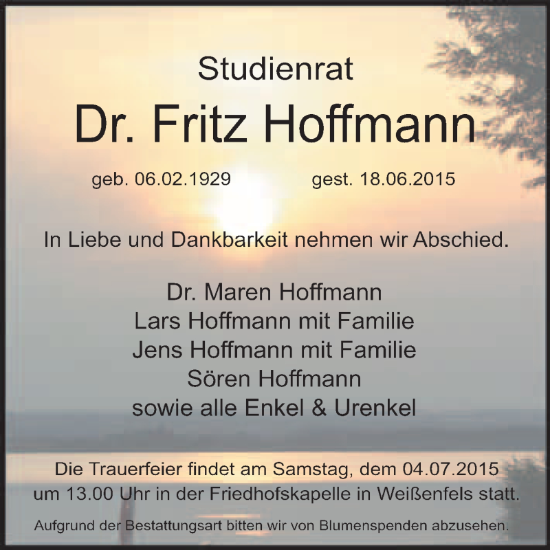  Traueranzeige für Fritz Hoffmann vom 24.06.2015 aus WVG - Wochenspiegel NMB / WSF / ZTZ