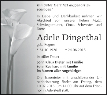 Traueranzeige von Adele Dingethal von Super Sonntag Bernburg