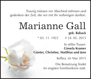 Traueranzeige von Marianne Gall von Mitteldeutsche Zeitung Sangerhausen