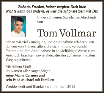 Traueranzeige von Tom Vollmar von Wochenspiegel Mansfelder Land