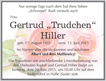 Traueranzeige von Gertrud Hiller von Mitteldeutsche Zeitung Halle/Saalkreis