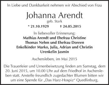 Traueranzeige von Johanna Arendt von Wochenspiegel Mansfelder Land