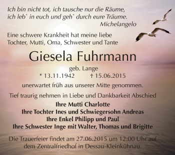 Traueranzeige von Giesela Fuhrmann von WVG - Wochenspiegel Dessau / Köthen