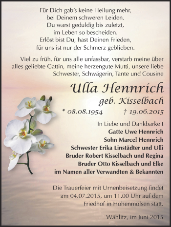 Traueranzeige von Ulla Hennrich von Super Sonntag Zeitz