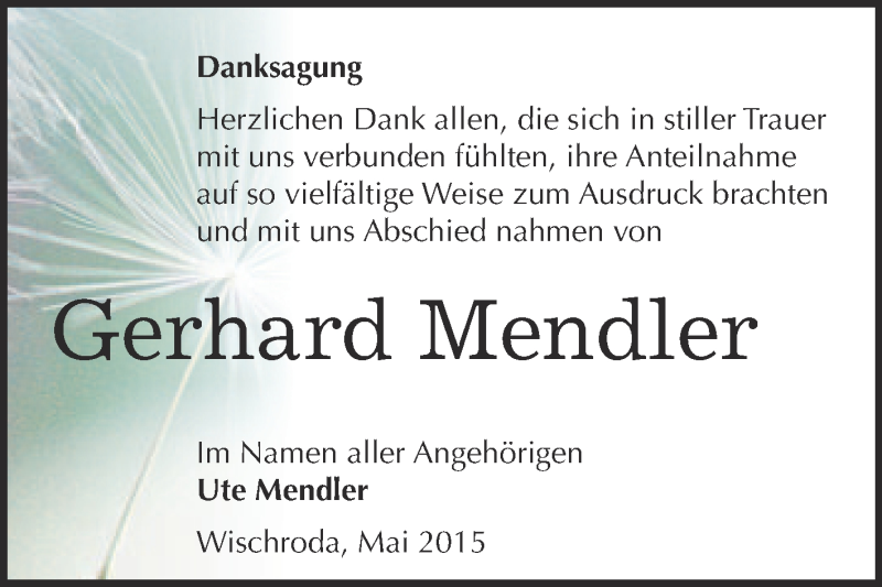  Traueranzeige für Gerhard Mendler vom 03.06.2015 aus WVG - Wochenspiegel NMB / WSF / ZTZ