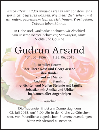 Traueranzeige von Gudrun Arsand von Mitteldeutsche Zeitung Naumburg/Nebra