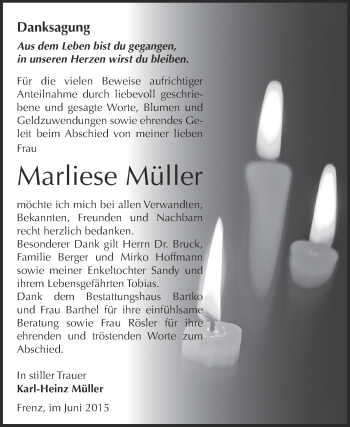 Traueranzeige von Marliese Müller von WVG - Wochenspiegel Dessau / Köthen