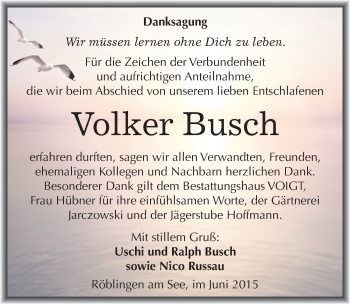 Traueranzeige von Volker Busch von Mitteldeutsche Zeitung Mansfelder Land