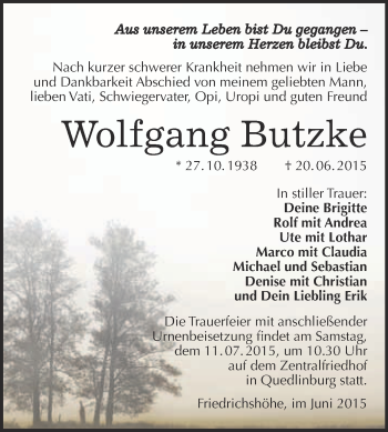 Traueranzeige von Wolfgang Butzke von WVG - Wochenspiegel Quedlinburg