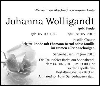 Traueranzeige von Johanna Wolligandt von Mitteldeutsche Zeitung Sangerhausen