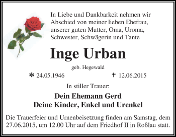 Traueranzeige von Inge Urban von WVG - Wochenspiegel Dessau / Köthen