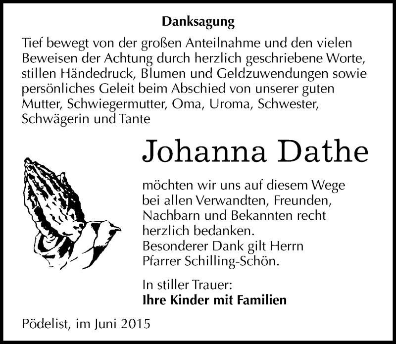  Traueranzeige für Johanna Dathe vom 20.06.2015 aus Mitteldeutsche Zeitung Naumburg/Nebra