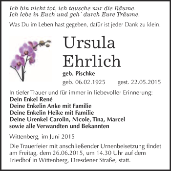 Traueranzeige von Ursula Ehrlich von WVG - Wochenspiegel Wittenberg