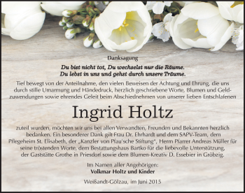 Traueranzeige von Ingrid Holtz von Mitteldeutsche Zeitung Köthen