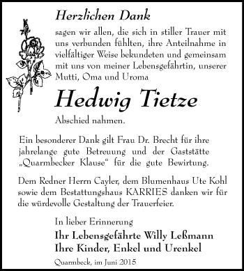 Traueranzeige von Hedwig Tietze von WVG - Wochenspiegel Quedlinburg