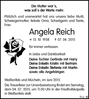 Traueranzeige von Angela Reich von WVG - Wochenspiegel NMB / WSF / ZTZ
