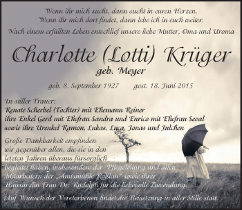 Traueranzeige von Charlotte Krüger von Mitteldeutsche Zeitung Dessau-Roßlau