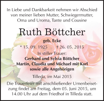 Traueranzeige von Ruth Böttcher von Mitteldeutsche Zeitung Sangerhausen