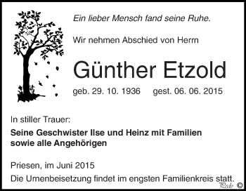 Traueranzeige von Günther Etzold von Super Sonntag Zeitz