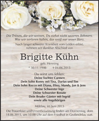 Traueranzeige von Brigitte Kühn von WVG - Wochenspiegel Wittenberg