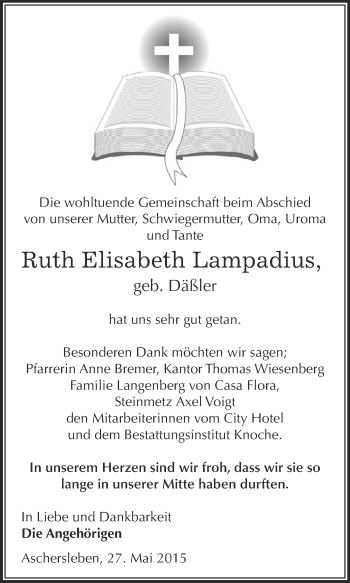 Traueranzeige von Ruth Elisabeth Lampadius von Super Sonntag Aschersleben