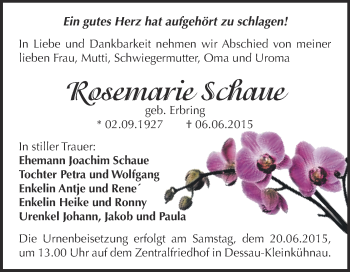 Traueranzeige von Rosemarie Schaue von WVG - Wochenspiegel Dessau / Köthen