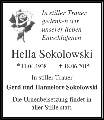Traueranzeige von Hella Sokolowski von WVG - Wochenspiegel Dessau / Köthen