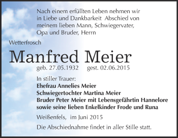 Traueranzeige von Manfred Meier von Super Sonntag Merseburg