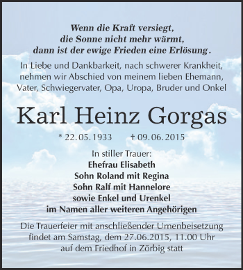Traueranzeige von Karl Heinz Gorgas von WVG - Wochenspiegel Bitterfeld