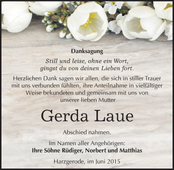 Traueranzeige von Gerda Laue von Mitteldeutsche Zeitung Quedlinburg