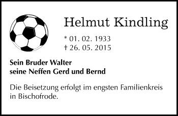 Traueranzeige von Helmut Kindling von Mitteldeutsche Zeitung Mansfelder Land