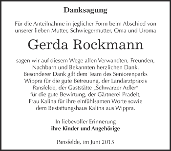 Traueranzeige von Gerda Rockmann von Super Sonntag SGH Mansf. Land