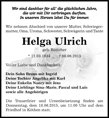 Traueranzeige von Helga Ulrich von Mitteldeutsche Zeitung Köthen
