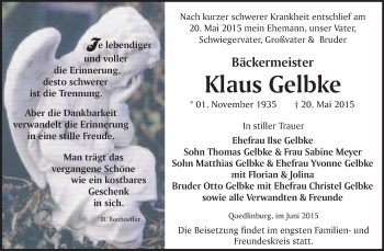 Traueranzeige von Klaus Gelbke von WVG - Wochenspiegel Quedlinburg