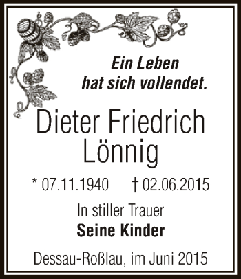 Traueranzeigen von Dieter Friedrich Lönnig www.abschiednehmen.de