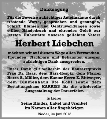 Traueranzeige von Herbert Liebchen von WVG - Wochenspiegel Quedlinburg