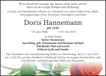Traueranzeige von Doris Hannemann von Mitteldeutsche Zeitung Köthen