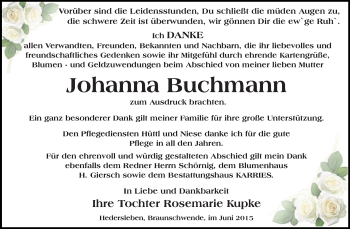 Traueranzeige von Johanna Buchmann von WVG - Wochenspiegel Quedlinburg