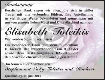 Traueranzeige von Elisabeth Toleikis von Mitteldeutsche Zeitung Quedlinburg
