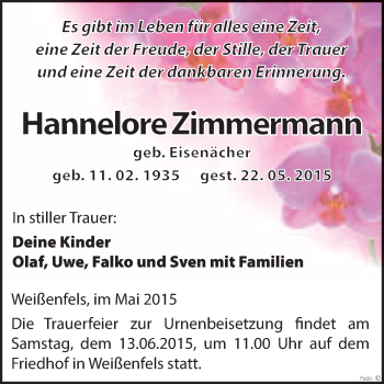 Traueranzeige von Hannelore Zimmermann von WVG - Wochenspiegel NMB / WSF / ZTZ