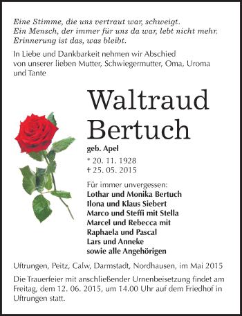 Traueranzeige von Waltraud Bertuch von Mitteldeutsche Zeitung Sangerhausen