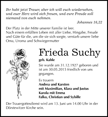 Traueranzeige von Frieda Suchy von Mitteldeutsche Zeitung Merseburg/Querfurt