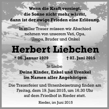 Traueranzeige von Herbert Liebchen von WVG - Wochenspiegel Quedlinburg