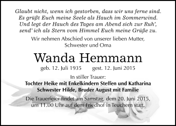 Traueranzeige von Wanda Hemmann von Mitteldeutsche Zeitung Weißenfels
