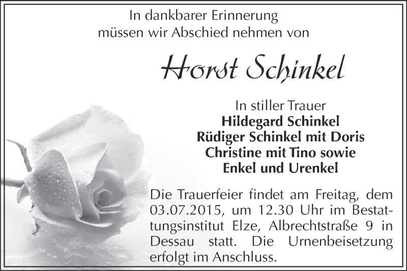  Traueranzeige für Horst Schinkel vom 21.06.2015 aus WVG - Wochenspiegel Dessau / Köthen