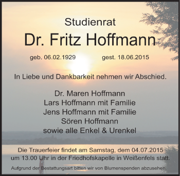 Traueranzeige von Fritz Hoffmann von Mitteldeutsche Zeitung Weißenfels