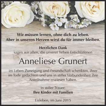 Traueranzeige von Anneliese Grunert von Super Sonntag SGH Mansf. Land
