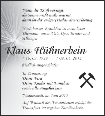 Traueranzeige von Klaus Hühnerbein von WVG - Wochenspiegel Quedlinburg