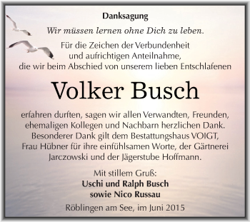 Traueranzeige von Volker Busch von Super Sonntag SGH Mansf. Land